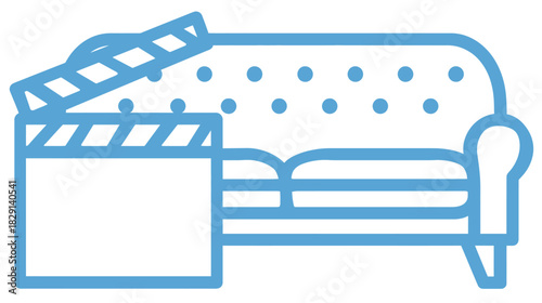 Cozy home cinema icon: Sofa with clapperboard, representing film production, movie watching, and comfortable streaming entertainment.