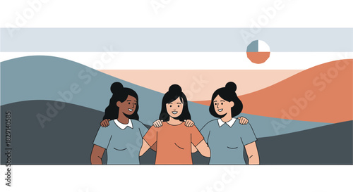 Diverse group of young women friends embracing outdoors, celebrating sisterhood and female solidarity in a modern vector illustration
