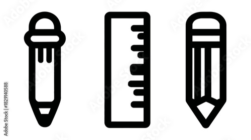 Pencil and Ruler Outline Icons. Set of Drawing, Writing, and School Stationery Tools. Vector Illustration.