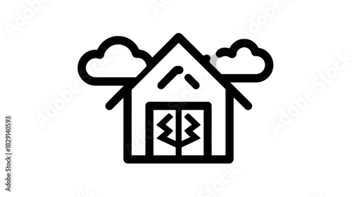 Minimalist rustic barn or farmhouse outline icon with double doors and clouds. Simple vector graphic for agriculture, farm, or rural themes.
