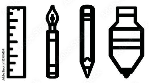 Creative Art Supplies and Design Tools Icons. Flat Outline Vector Set: Ruler, Ink Pen, Pencil, and Paint Tube.
