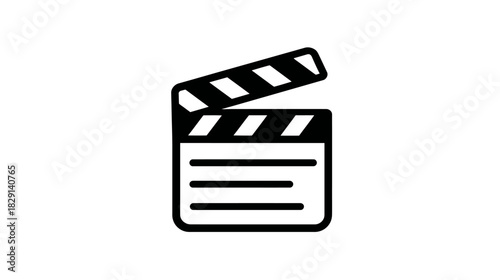 Black and white film clapperboard icon, cinema production symbol, movie making slate, video recording, entertainment industry