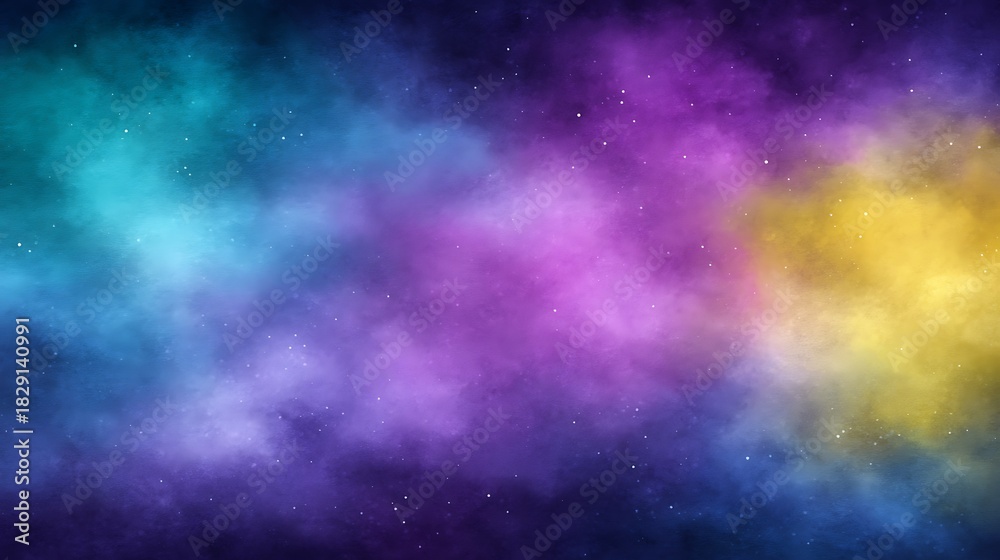 Fototapeta premium Vibrant cosmic nebula with swirling clouds of turquoise, purple, and yellow, dotted with tiny stars, creating a mesmerizing and colorful abstract background for space exploration or fantasy themes
