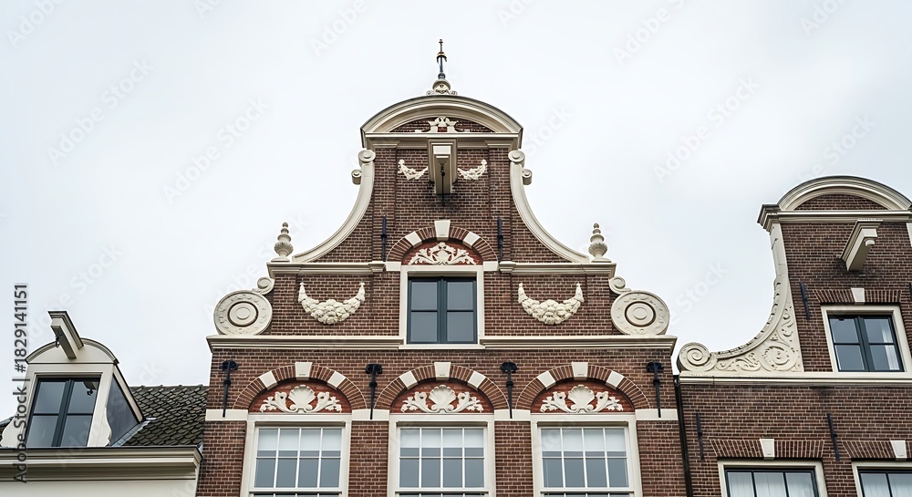 Fototapeta premium Closeup of the ornate facade of a historic dutch building, featuring intricate brickwork, decorative gables, and multipaned windows, showcasing traditional architecture