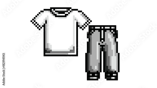 Retro pixel art clothing set: classic white t-shirt and grey pants. Digital fashion illustration, vintage apparel design element.