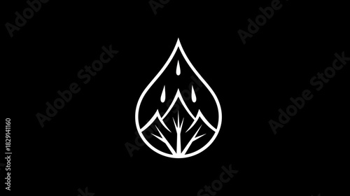 Minimalist white outline illustration of a water drop with mountains and trees on a black background, representing nature, ecology, and clean water