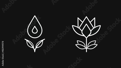 Nature and Ecology Line Icons: Water Drop with Leaves and Abstract Flower Design, Minimalist Eco-friendly Symbols on Black Background