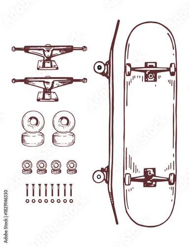 Simple line illustration of a skateboard assembly kit.