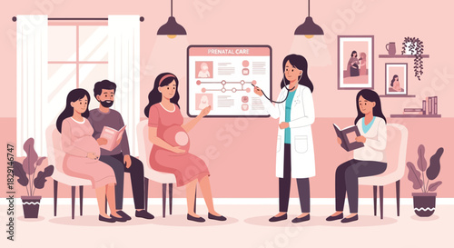 Expectant families in clinic during medical visit consultation on maternity healthcare
