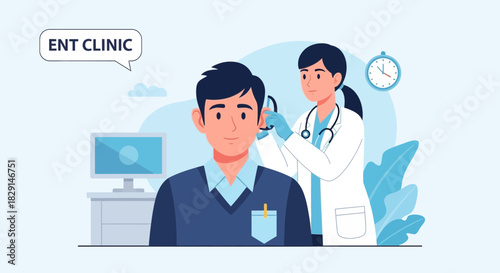 Illustration of a patient at an ENT clinic having an ear exam by a doctor
