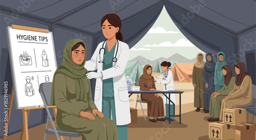 Medical assistance for displaced women in a tent camp, public health initiatives
