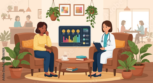 Illustrative depiction of a therapist consulting with a female patient in a cozy office