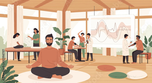 Holistic wellness center featuring yoga, medical consultations, and relaxation