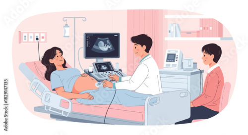 Expectant mother getting ultrasound scan in hospital with partner support