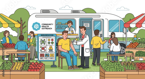 Community vaccination event with health outreach and local market atmosphere