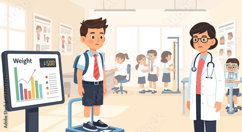 Illustration of school children undergoing medical checkup at the clinic