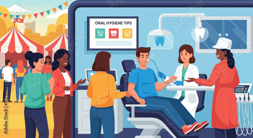 Dentistry in an immersive reality show featuring a lively carnival atmosphere