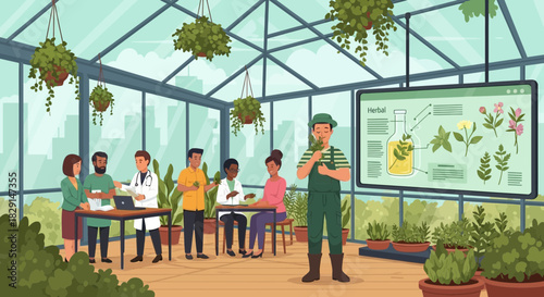 Herbal medicine workshop in a greenhouse environment with botanical illustrations