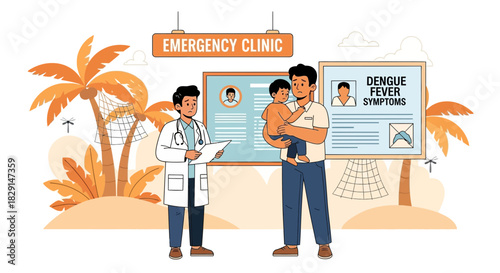 Concerned father and child consulting a doctor at a tropical emergency clinic
