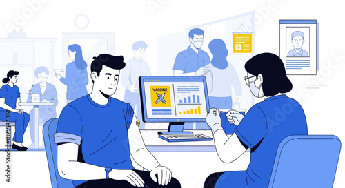 Vaccination process: illustration of administering vaccine to patient in clinic