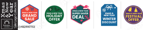 Boost Holiday Sales with Festive Christmas and New Year Logo Collection, Get Ready for Grand Sales, Winter Discounts, and Super Saver Deals on White