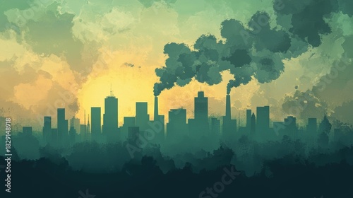 Abstract urban skyline at sunrise with colorful haze and smoke, illustrating environmental pollution and modern industrial life in a cityscape scene