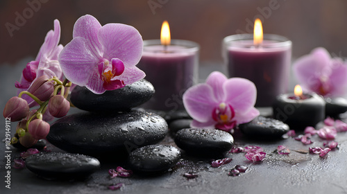 Serene spa scene with pink orchids black stones and candles creating a peaceful relaxing atmosphere
