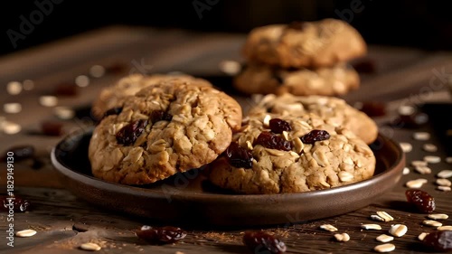 A closeup shot of a plate of freshly baked oatmeal raisin cookies on a rustic wooden table. The cookies are golden brown with visible chunks of dried fruit, possibly raisins.