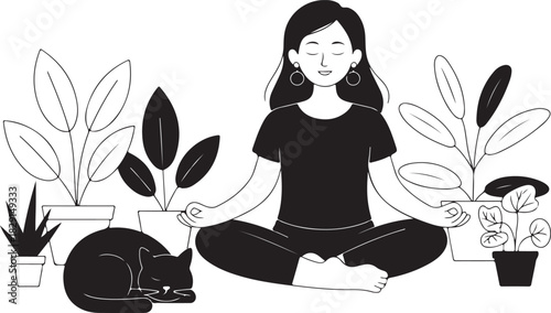 Serene woman meditates cross legged near houseplants with a sleeping cat on transparent background