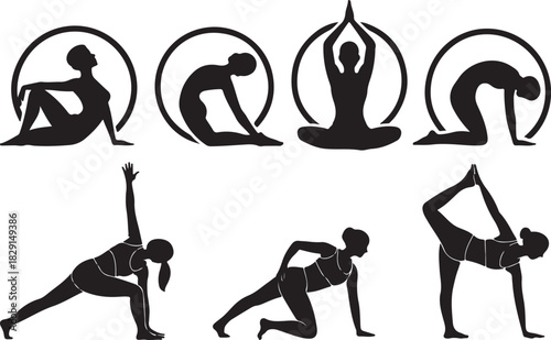 Silhouetted woman gracefully performs various yoga poses, both inside and outside simple circular frames