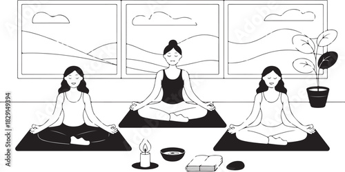 Three women practice mindful meditation in peaceful lotus pose against beautiful window scenery and transparent background