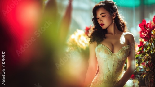 Captivating asian woman in elegant corset surrounded by blossoms beauty