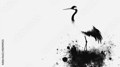 Elegant Crane Silhouette Against Abstract Ink Splatter Background for Minimalist Art or Nature Illustrations
