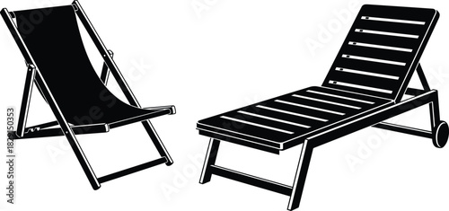 Black Silhouette Deck Chair and Sun Lounger Vector Icon Set, Isolated Beach Relaxation Furniture, Outdoor Patio Seating, and Summer Vacation Accessory Graphic Design