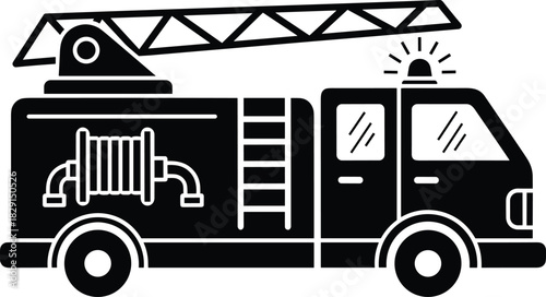 Black Silhouette Fire Truck Vector Icon Illustration, Isolated Emergency Fire Engine with Ladder and Hose Reel, Rescue Vehicle and Firefighting Equipment Graphic Design