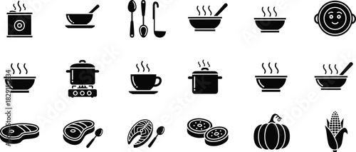 Kitchen Appliances, Cooking Utensils, Hot Dishes, and Food Ingredients Vector Icon Set, Black Silhouette of Soup, Meat, Fish, and Vegetable Icons for Recipe or Restaurant Design.