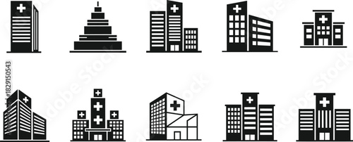 Black Silhouette Hospital Building Vector Icon Set, Isolated Medical Clinic and Healthcare Center Architecture, Cross Symbol on Modern Clinic Structure Collection