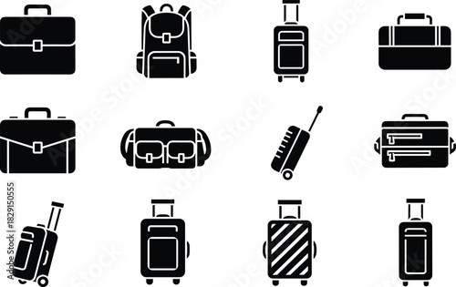 Luggage and Travel Bags Vector Icon Set, Black Silhouette Suitcase, Backpack, Briefcase, Duffel Bag, and Rolling Trolley for Journey, Business Trip, or Vacation Isolated on White Background.