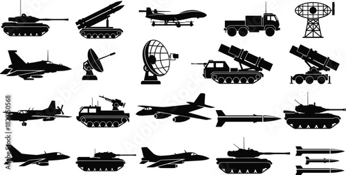 Black Silhouette Military Weaponry and Vehicle Vector Icon Set, Isolated Tank, Fighter Jet, Missile Launcher, and Radar Equipment Collection, Army and Defense Graphics