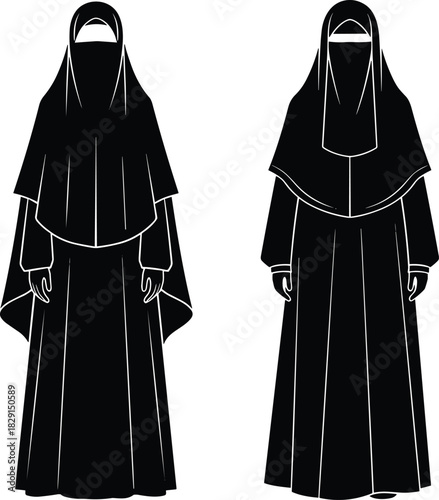 Black Silhouette Muslim Woman Wearing Niqab and Abaya Vector Illustration, Isolated Traditional Islamic Dress and Full Coverage Garments, Modesty and Religious Fashion