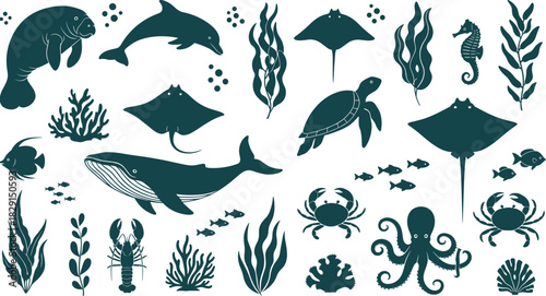 Marine Life and Sea Animals Vector Silhouette Set, Isolated Ocean Creature Collection, Whale, Dolphin, Manatee, Turtle, Ray, Crab, Octopus, and Underwater Plants