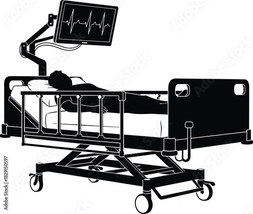 Black Silhouette Patient in Hospital Bed with ECG Monitor Vector Illustration, Isolated Intensive Care Unit (ICU) and Emergency Medical Equipment Graphic, Healthcare and Medicine