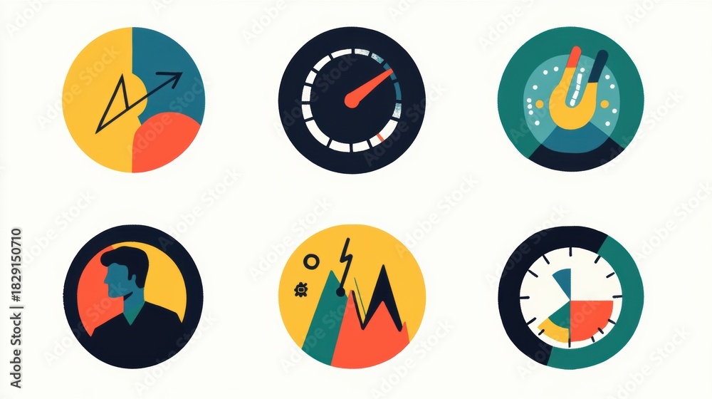 Fototapeta premium Colorful Illustrations of Graphs, Gauges, and Icons Representing Data Analysis, Performance Metrics, and Creative Insights for Visual Communication