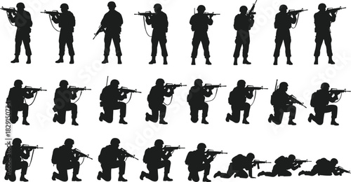 Black Silhouette Soldier Combat Poses Vector Icon Set, Isolated Army Infantry Figures with Rifles, Military Tactical Training, and War Fighting Positions Collection