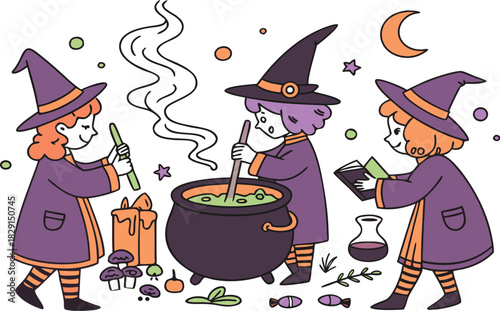Cute cartoon vector illustration of a fun witch with a pointy hat and broomstick flying on a spooky full moon night during the Halloween holiday