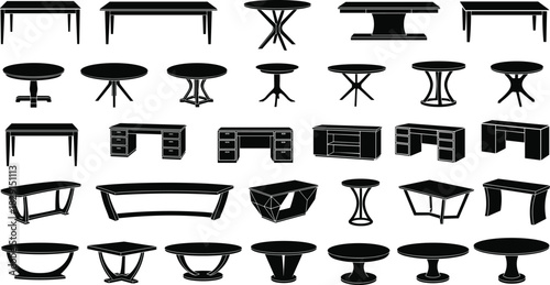 Black Silhouette of Table and Desk Vector Icons Set, Furniture Collection of Dining Tables, Office Desks, Coffee Tables, and Pedestal Tables, Isolated on White
