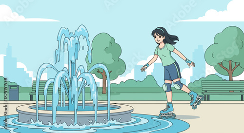 Cartoon illustration of a girl rollerblading near a fountain in a park setting