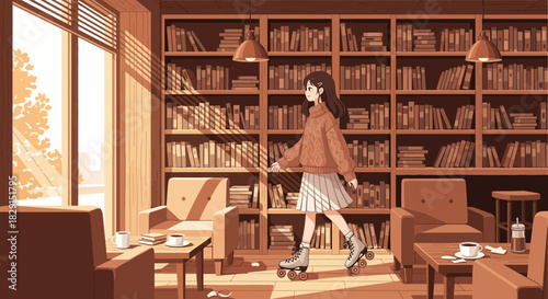 An animated girl on roller skates in a cozy, book-filled living space bathed in warm sunlight