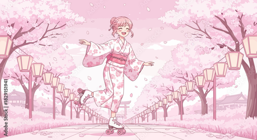 Obraz premium Anime girl in kimono roller-skating beneath cherry blossoms with illuminated lanterns
