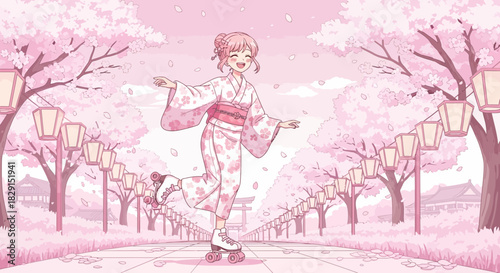 Anime girl in kimono roller-skating beneath cherry blossoms with illuminated lanterns